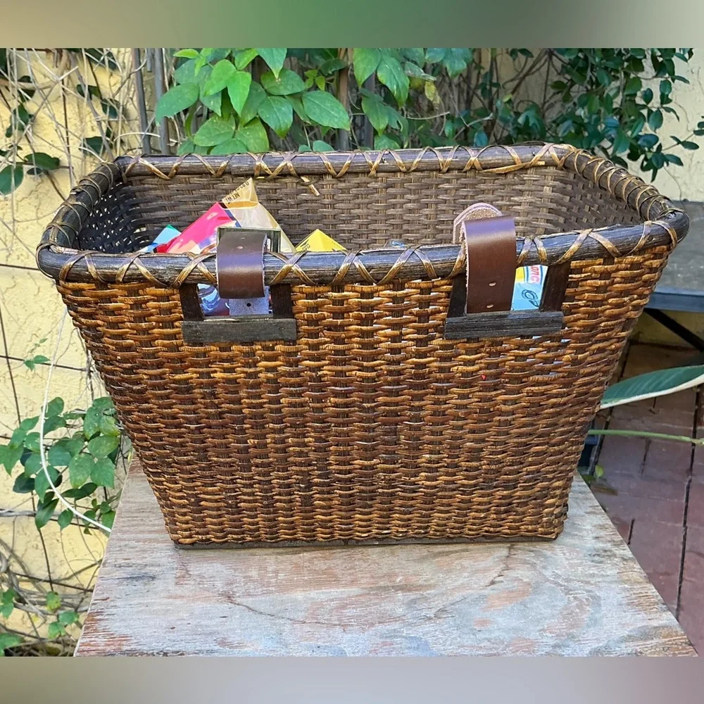 Attachable Multi-Use Dark Wicker Rattan Basket with Leather Straps (For Bike?)